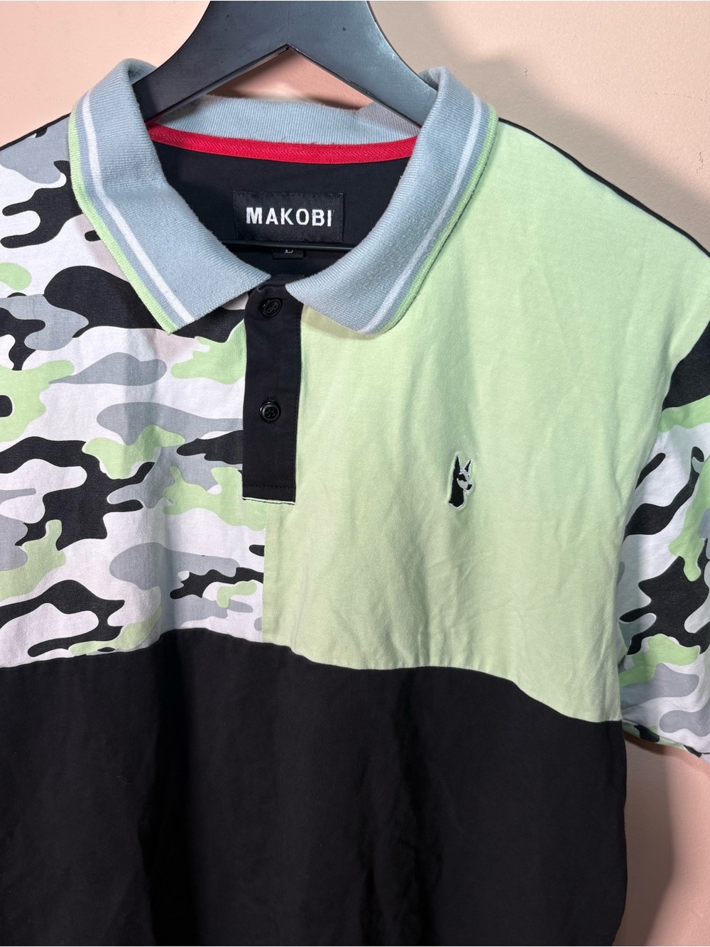 Makobi Colorblock Camo Polo Shirt Large Black Gray Green